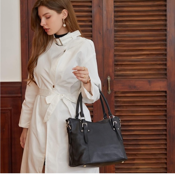 Heshe black genuine leather satchel handbag - Picture 3 of 15